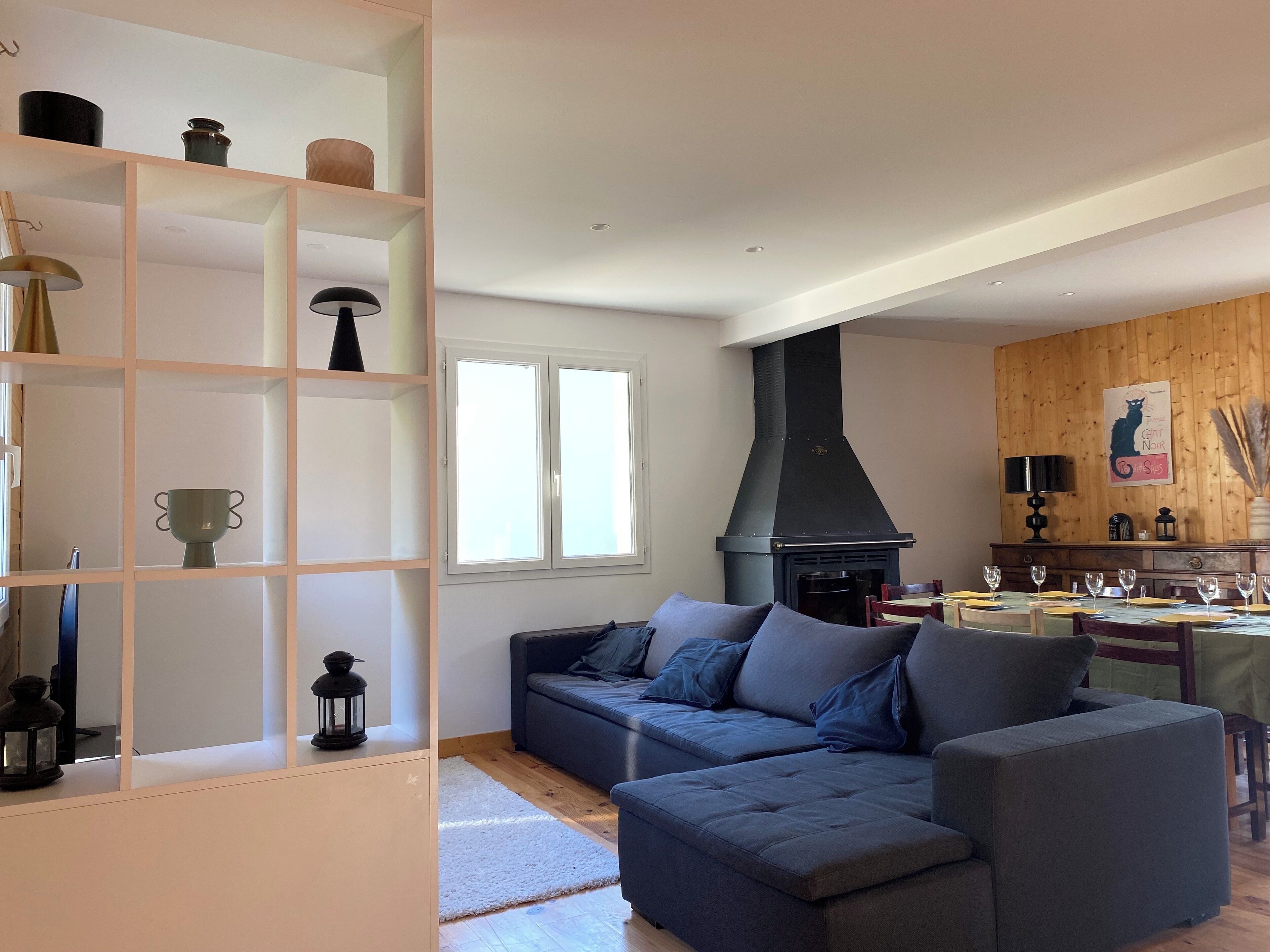 TV connectée, cheminée, livres