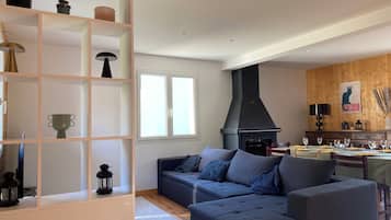 TV connectée, cheminée, livres