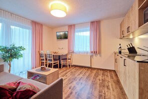 Superior Apartment, 1 King Bed with Sofa bed, Balcony, Mountain View | Private kitchen | Full-sized fridge, microwave, stovetop, espresso maker - Pitztal Living (Jerzens)