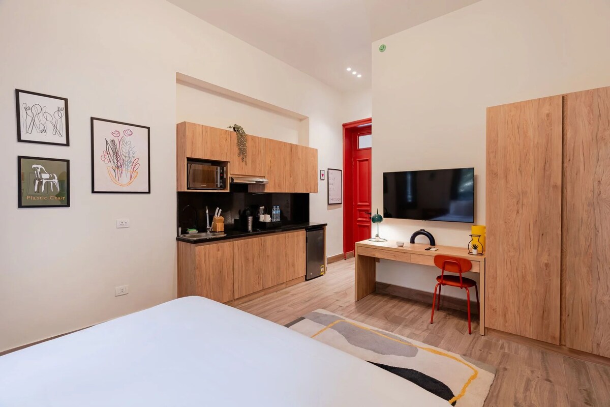 Une chambre moderne équipée d’un lit, d’un bureau, d’une télévision et d’une kitchenette.
