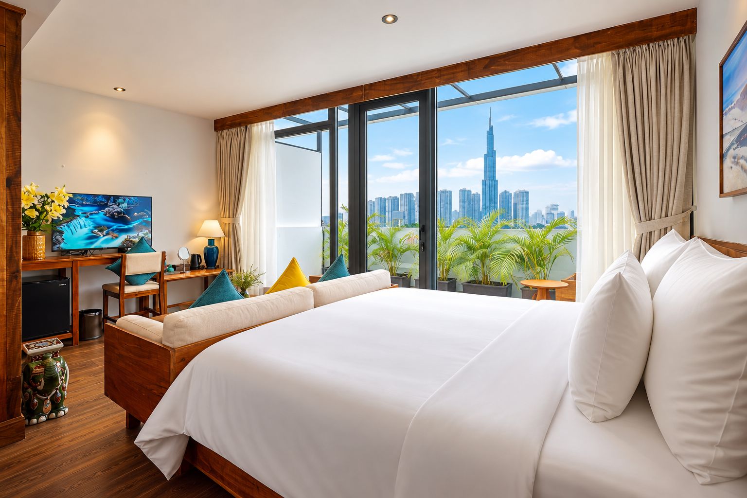 A hotel room with a large bed, a desk with a TV, and a view of a city skyline.