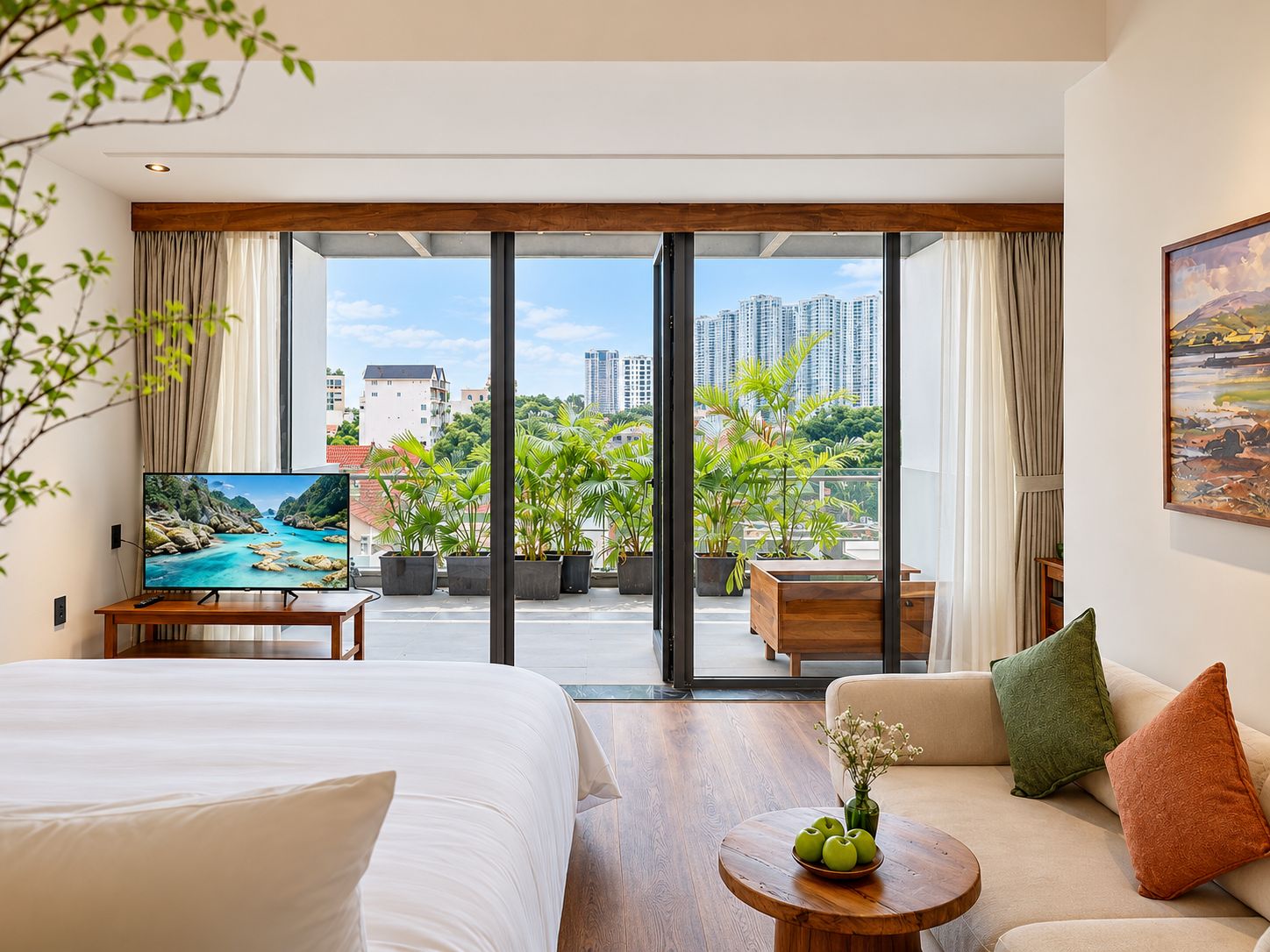 Habitación de hotel con cama, sofá, televisor, balcón con plantas y vista a la ciudad.