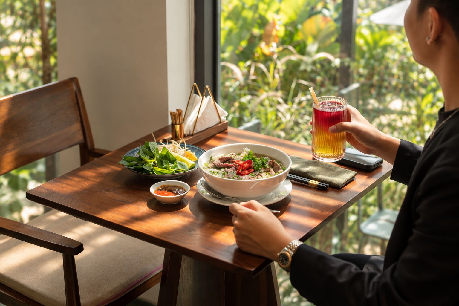 A dining table with a bowl of soup, a plate of vegetables, and a glass of beverage.