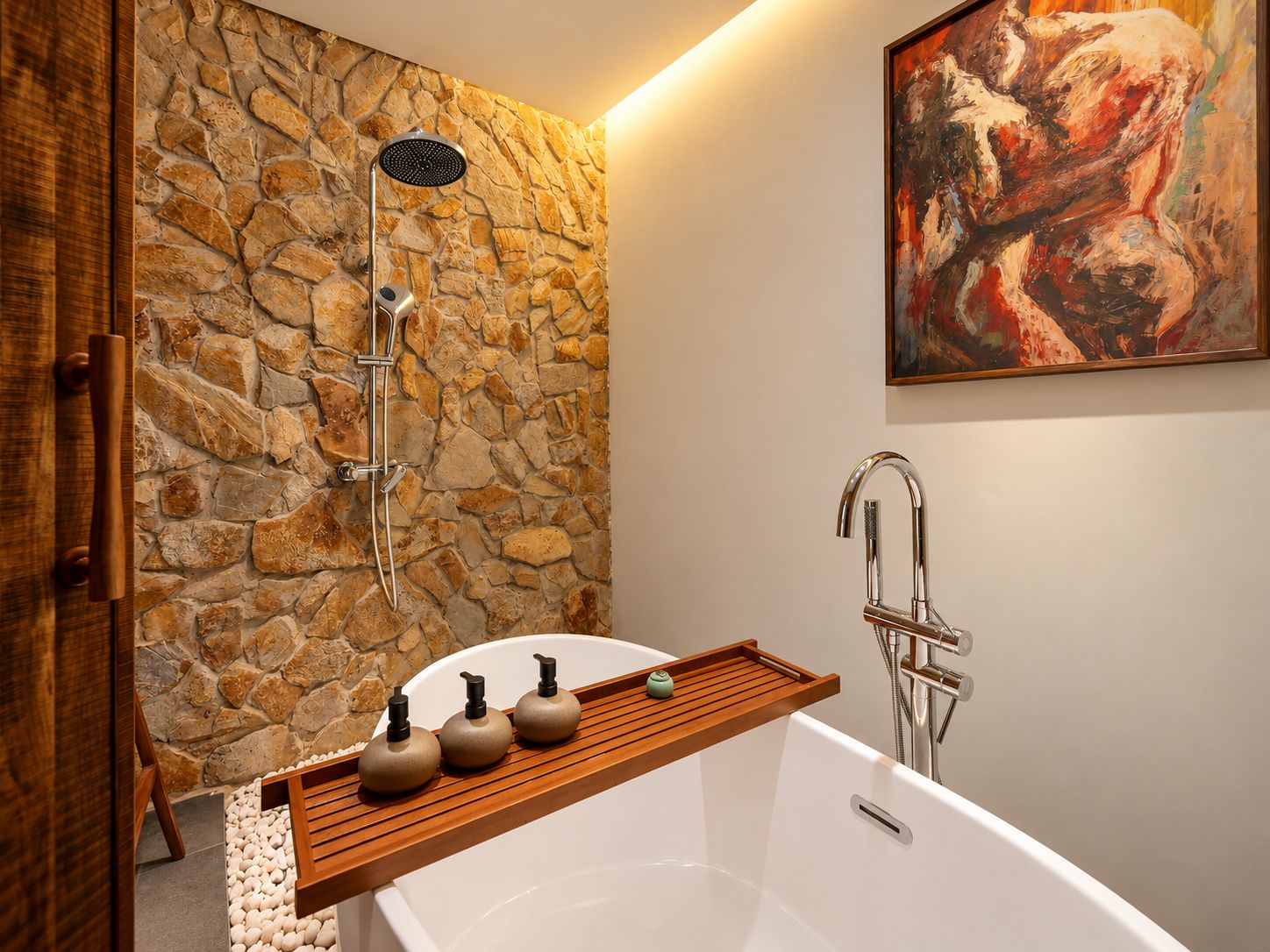 Ein Badezimmer mit Steinwand, Dusche, Waschbecken und einem Bild an der Wand.