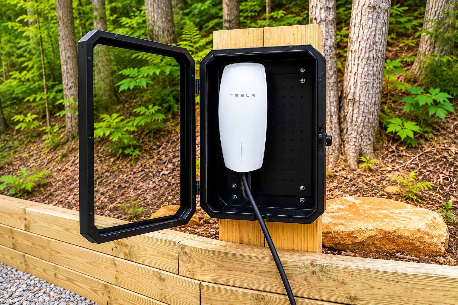 An open Tesla charging station in a wooded area.