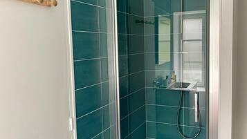 Shower, hair dryer, soap, toilet paper