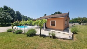 A two-story house with a swimming pool, surrounded by a well-maintained lawn and trees. - Villa Edo beautiful built villa with private pool in a small village in Istria (ZMINJ)