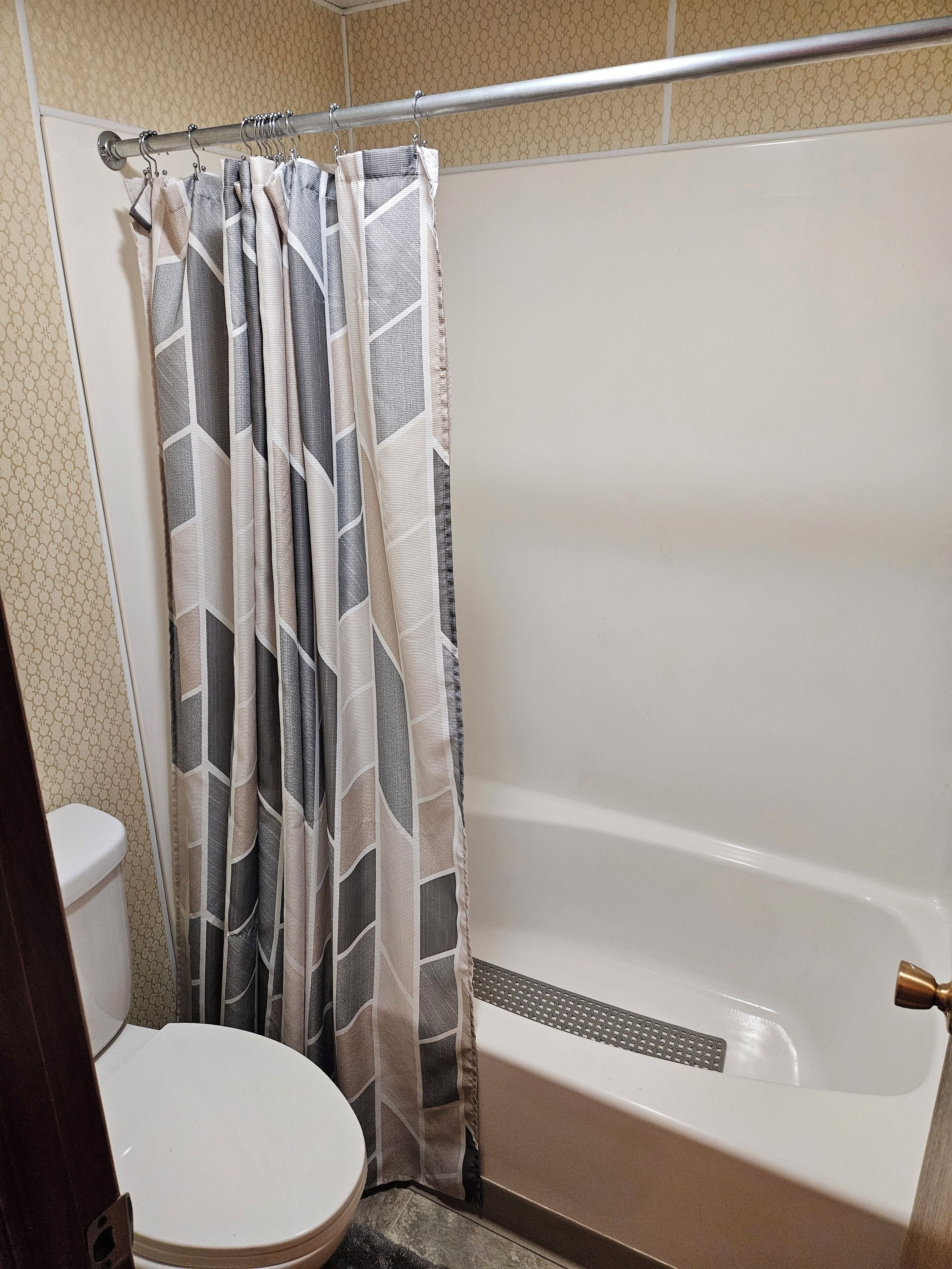 Hair dryer, towels, soap, toilet paper