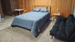 Un dormitorio con una cama, un escritorio, una silla, una lámpara y un sofá.