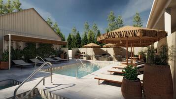 Outdoor pool, pool umbrellas, pool loungers