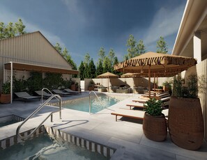 Outdoor pool, pool umbrellas, pool loungers