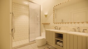 Buồng tắm vòi sen, máy sấy tóc, khăn tắm, xà phòng 