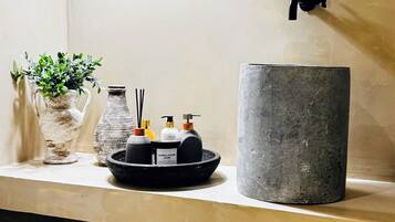 Hair dryer, towels, soap, shampoo