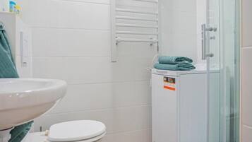 Shower, hair dryer, shampoo
