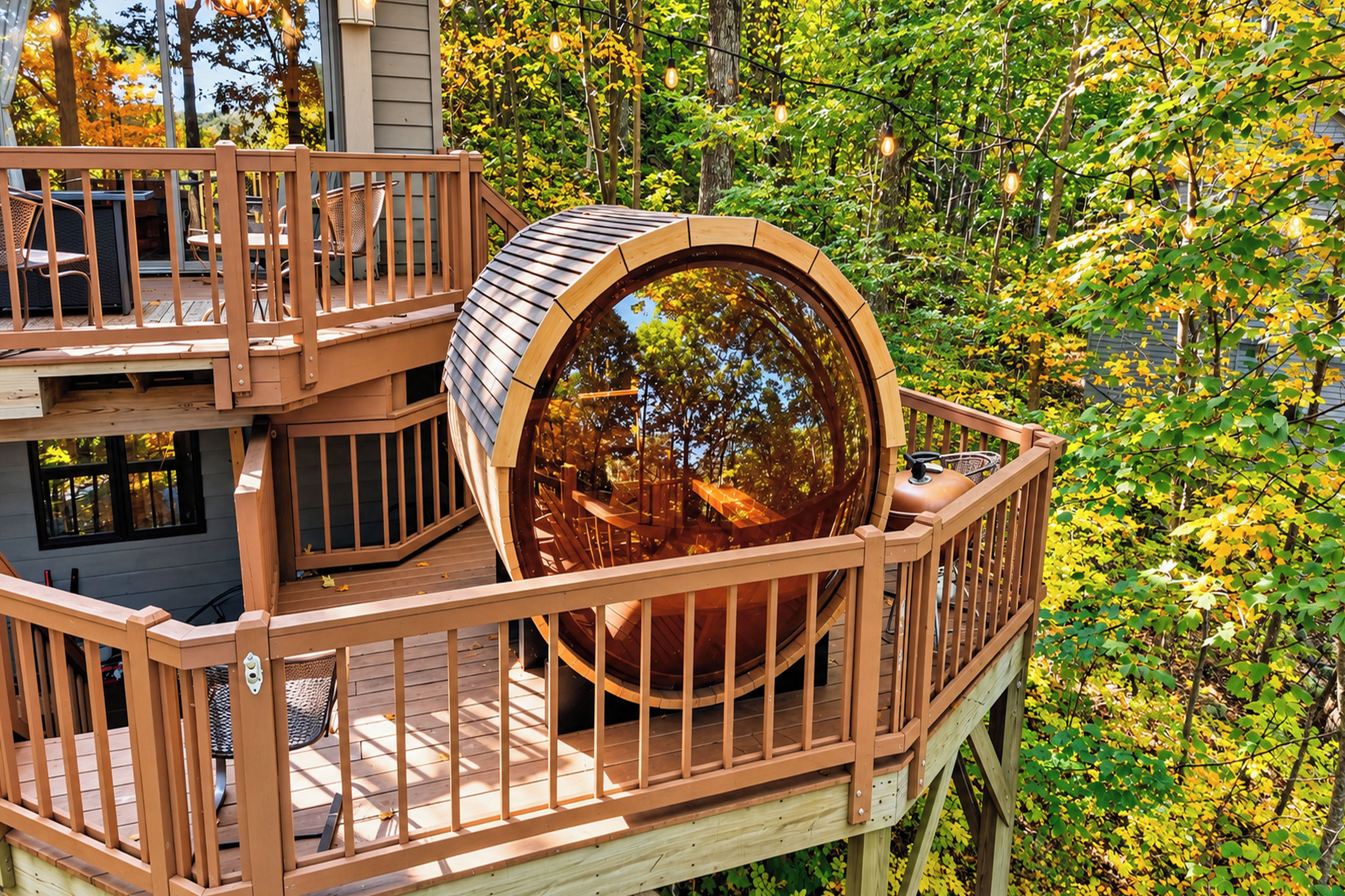 A wooden deck with a circular viewing platform, surrounded by trees and a house.