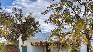 Edifici blanc amb un porxo i una porta verda, envoltat d'arbres i un cel serè.
