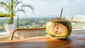 Eine Kokosnuss mit Trinkhalm auf einem Tisch, ein Korbstuhl und ein Blick auf eine Landschaft mit einer Palme.
