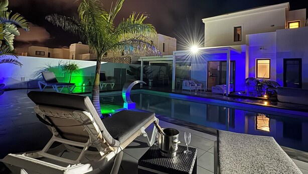 Un espace aménagé au bord de la piscine, avec des chaises longues, une petite table sur laquelle se trouvent une bouteille et un verre, et un palmier.