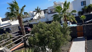 Une terrasse sur le toit, dotée d’une allée pavée, de palmiers et offrant une vue sur les bâtiments modernes qui se dressent à l’arrière-plan.