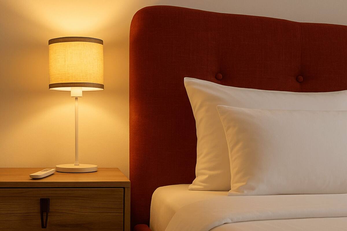 Una cama bien hecha con ropa blanca, un cabecero tapizado en rojo y una mesita de noche con una lámpara y un control remoto.
