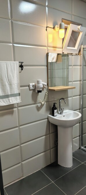 Shower, hair dryer, towels, soap