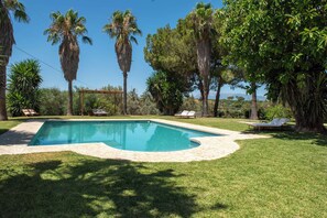 A swimming pool with a stone border, surrounded by grass and palm trees. - Finca Vinido is a charming, stylish holiday home close to Málaga and Marbella (Cartama)
