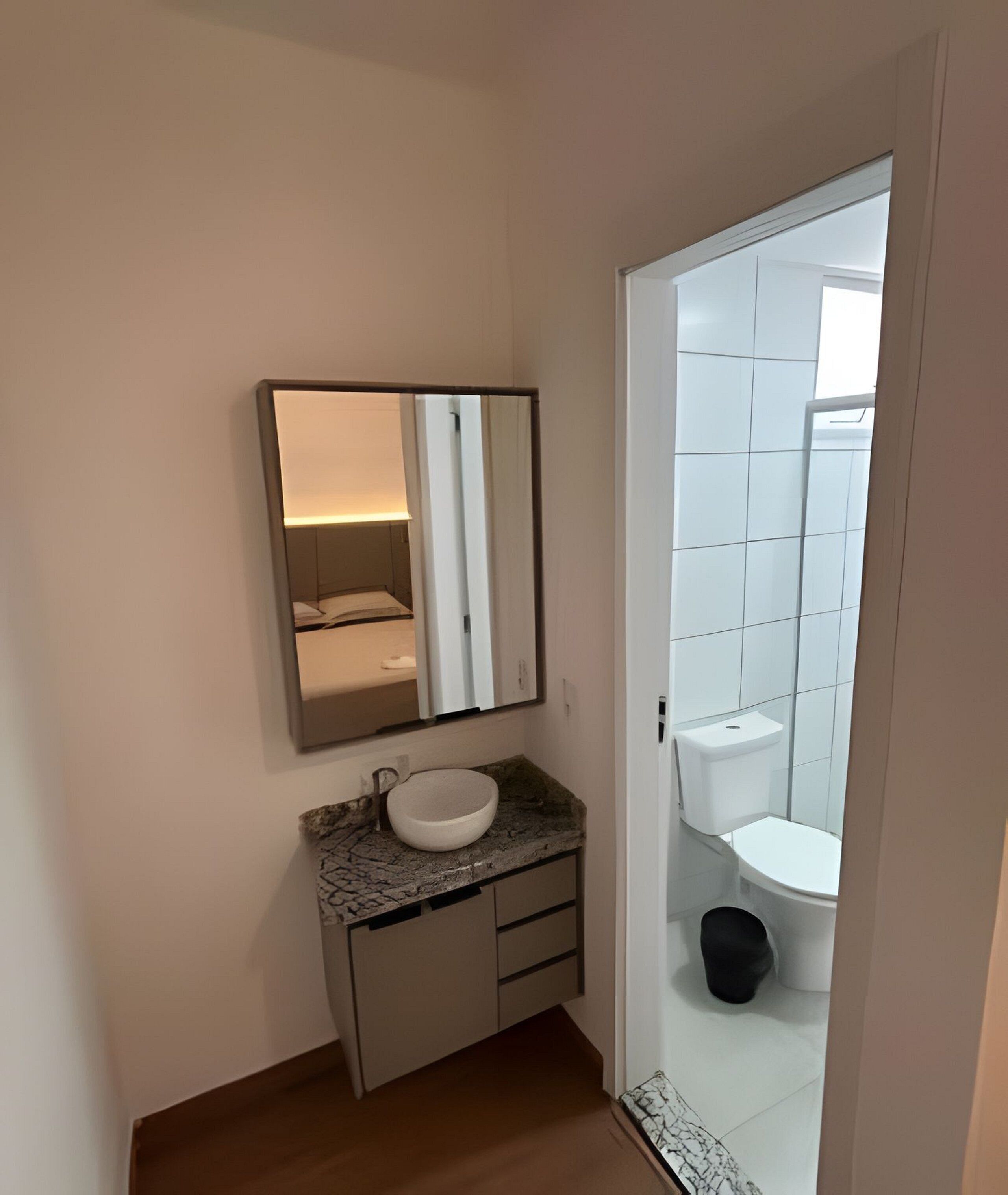 A bathroom with a sink, mirror, and toilet.
