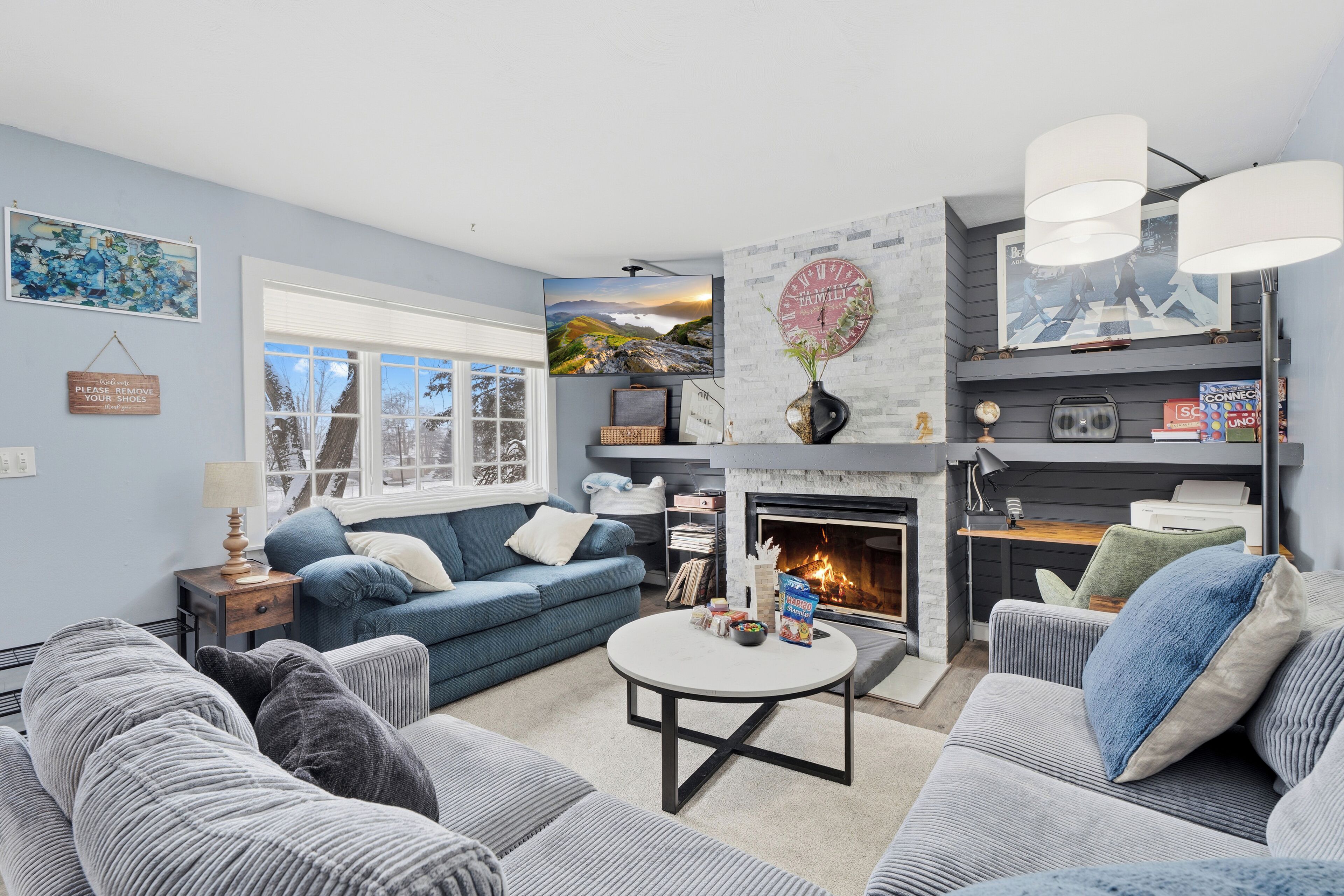 Smart TV, fireplace, video games, DVD player