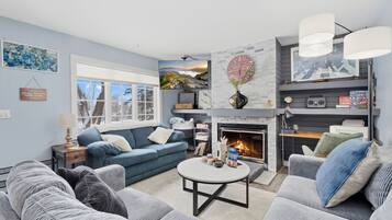 Smart TV, fireplace, video games, DVD player