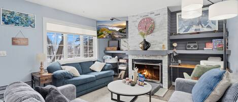 Smart TV, fireplace, video games, DVD player