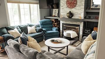 Smart TV, fireplace, video games, DVD player