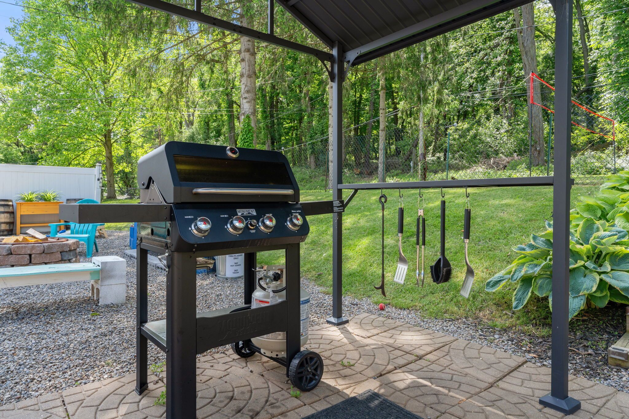A barbecue grill under a covered patio with a grassy area and trees in the background.