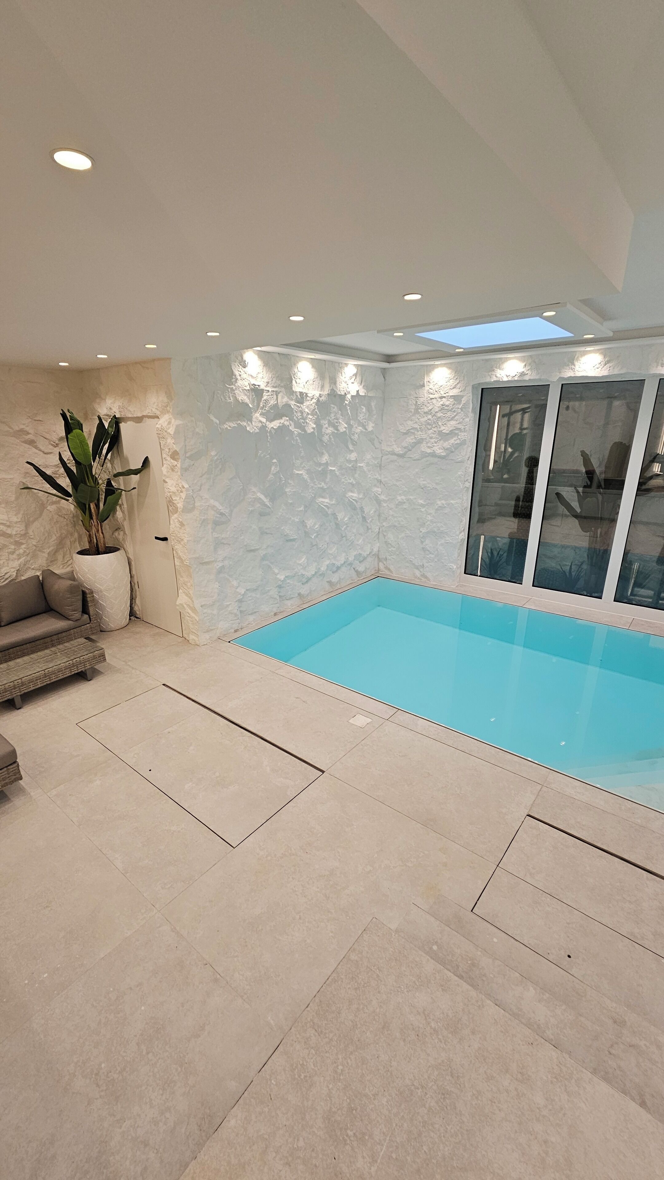 A modern indoor pool area with a stone-textured wall, a large potted plant, and a sofa.