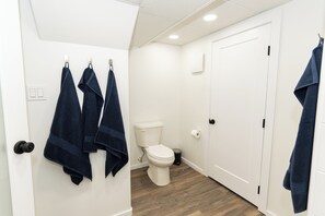 Secador de cabelo, toalhas de banho, sabonete, papel higiênico