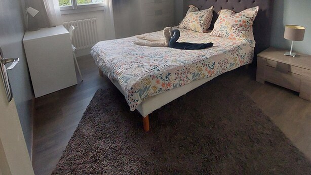 Una camera da letto con un letto, un comodino, una sedia, un termosifone, una finestra e una luce a soffitto.