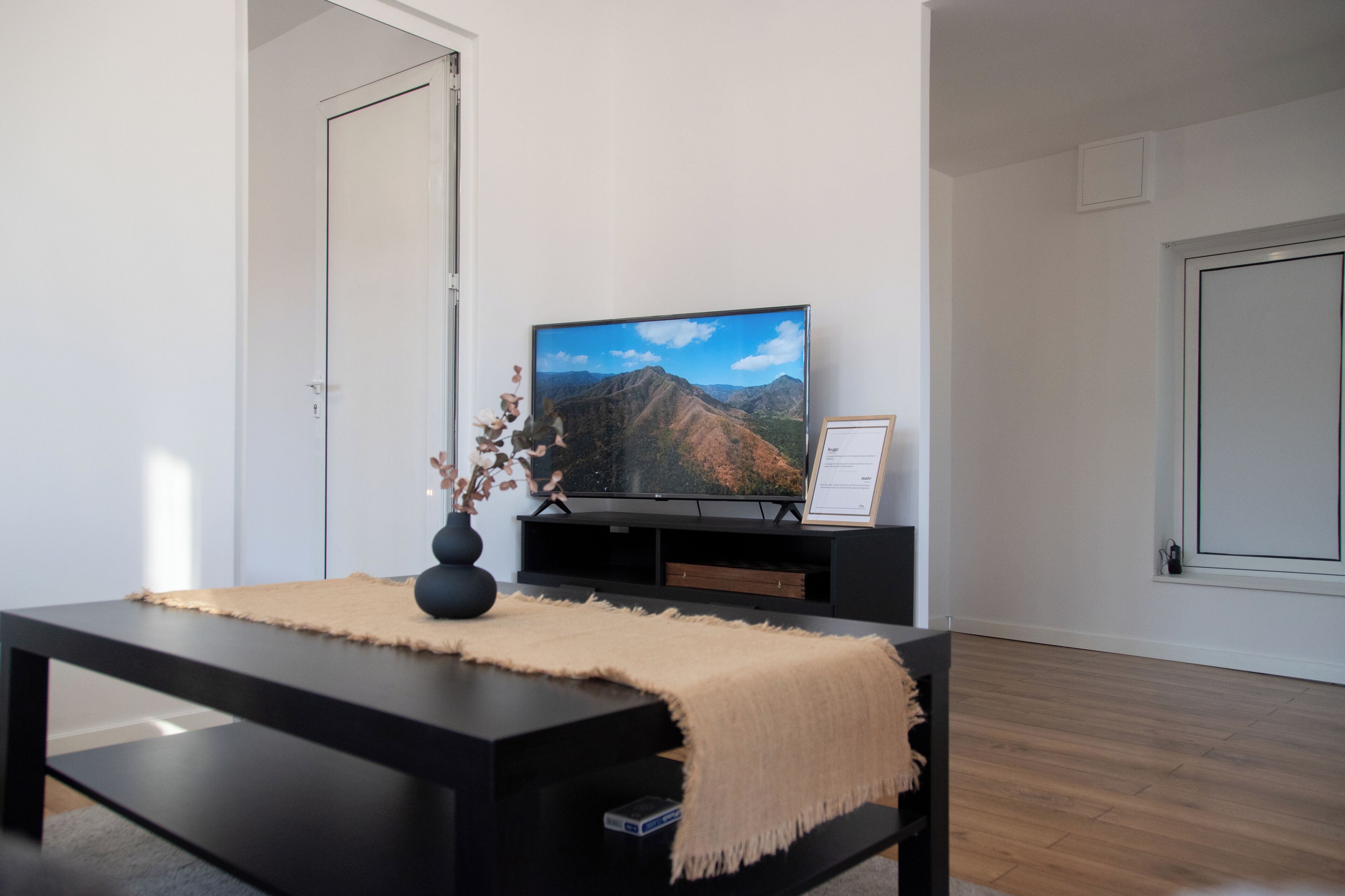 A modern living room with a black entertainment unit, a flat-screen TV, a beige throw blanket, and a vase with dried flowers.