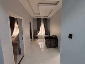 Desk, laptop workspace, blackout curtains, soundproofing