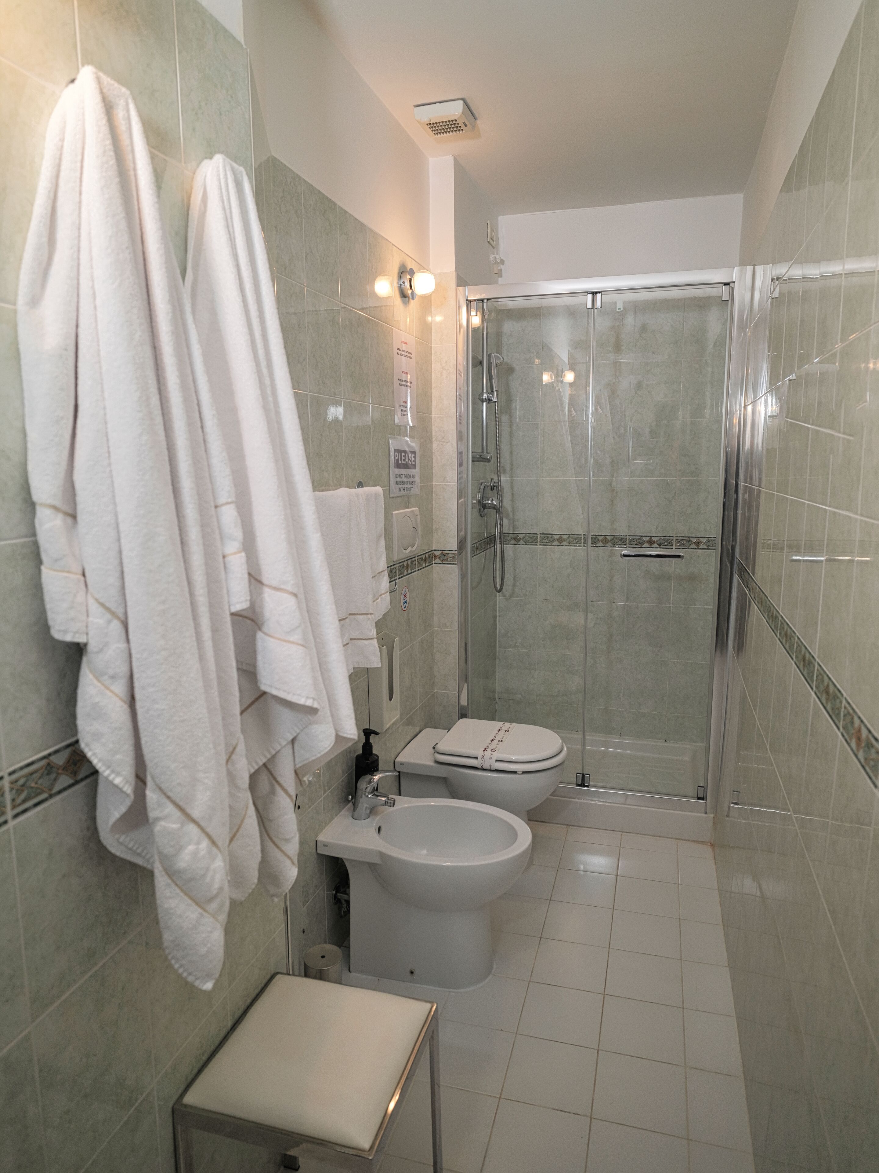 A bathroom with a shower, toilet, bidet, and a sink.