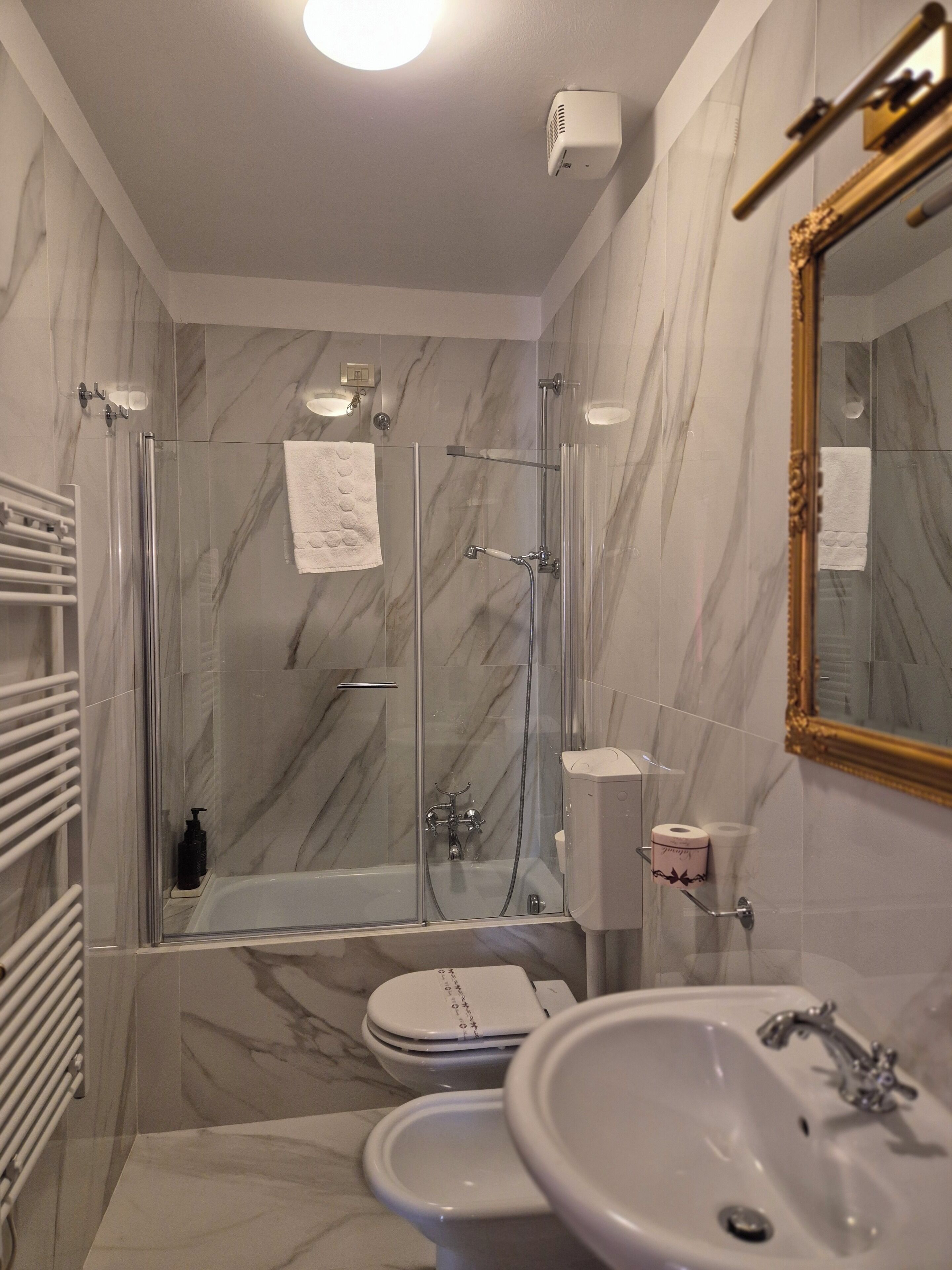 Une salle de bain avec une douche à parois de verre, des toilettes blanches, un lavabo et un miroir avec un cadre doré.