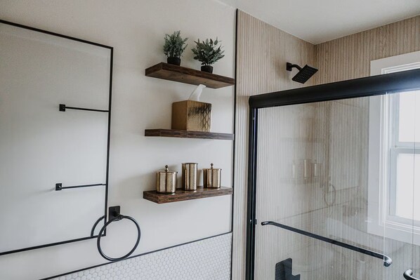 Hair dryer, towels, soap, shampoo