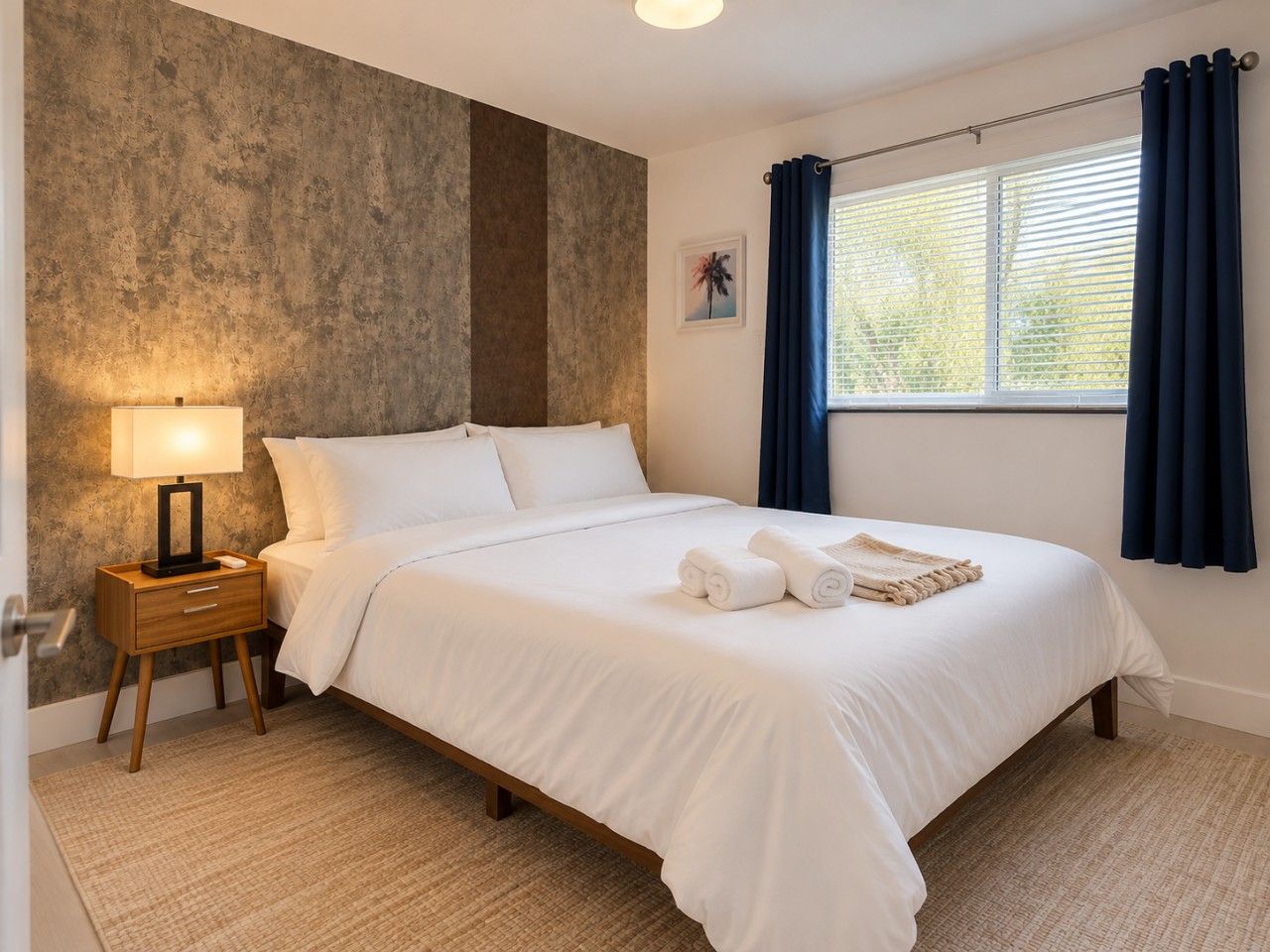 A hotel room with a bed, a bedside table with a lamp, a window with curtains, and a wall with a textured pattern.