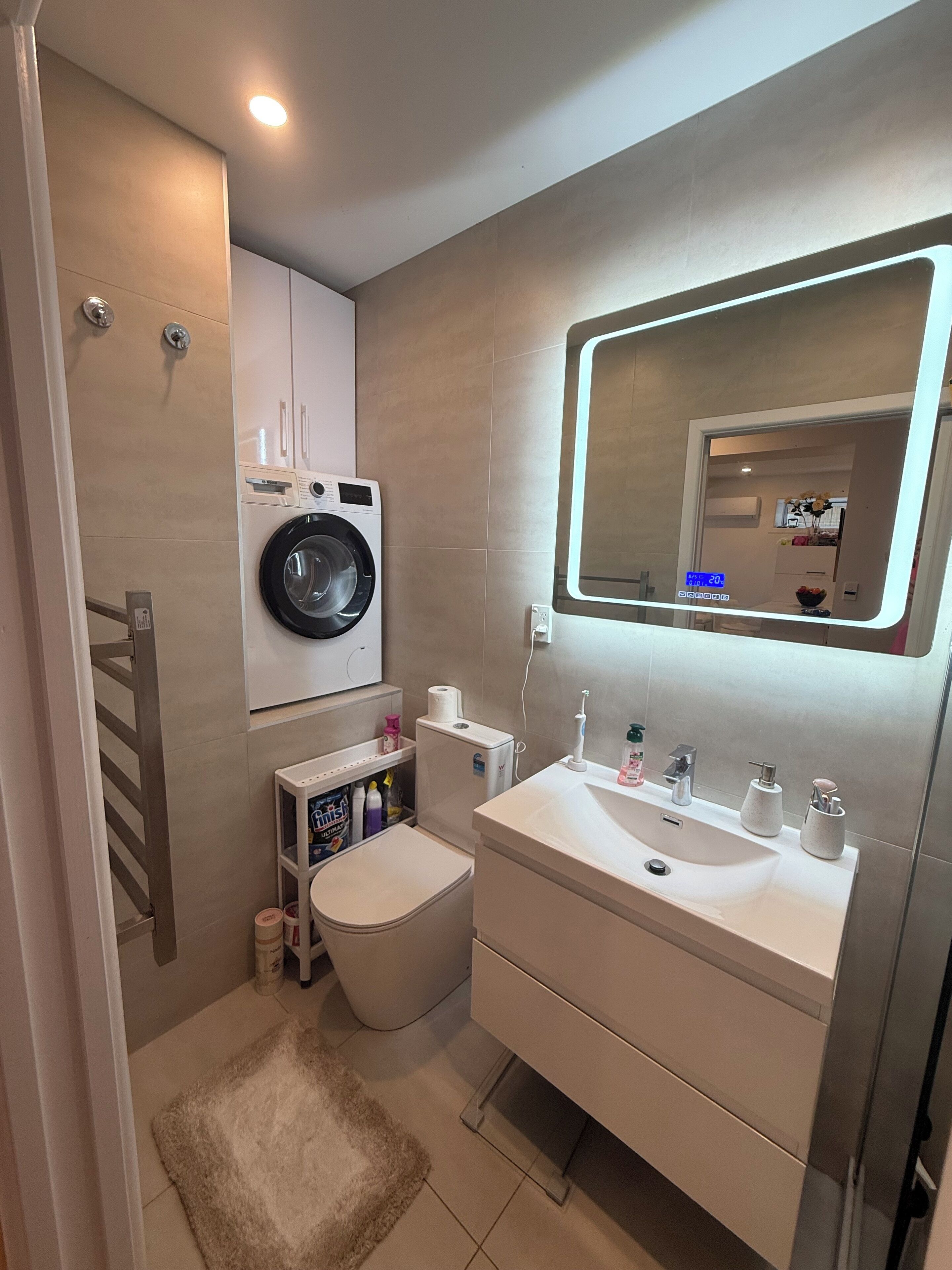 Hair dryer, towels, soap, toilet paper