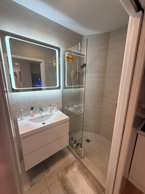 Hair dryer, towels, soap, toilet paper