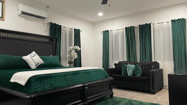 A bedroom with a bed, a black sofa, a green rug, and a window with curtains. - Secluded Contemporary 2BR 2BA Suite (Dundas Town)