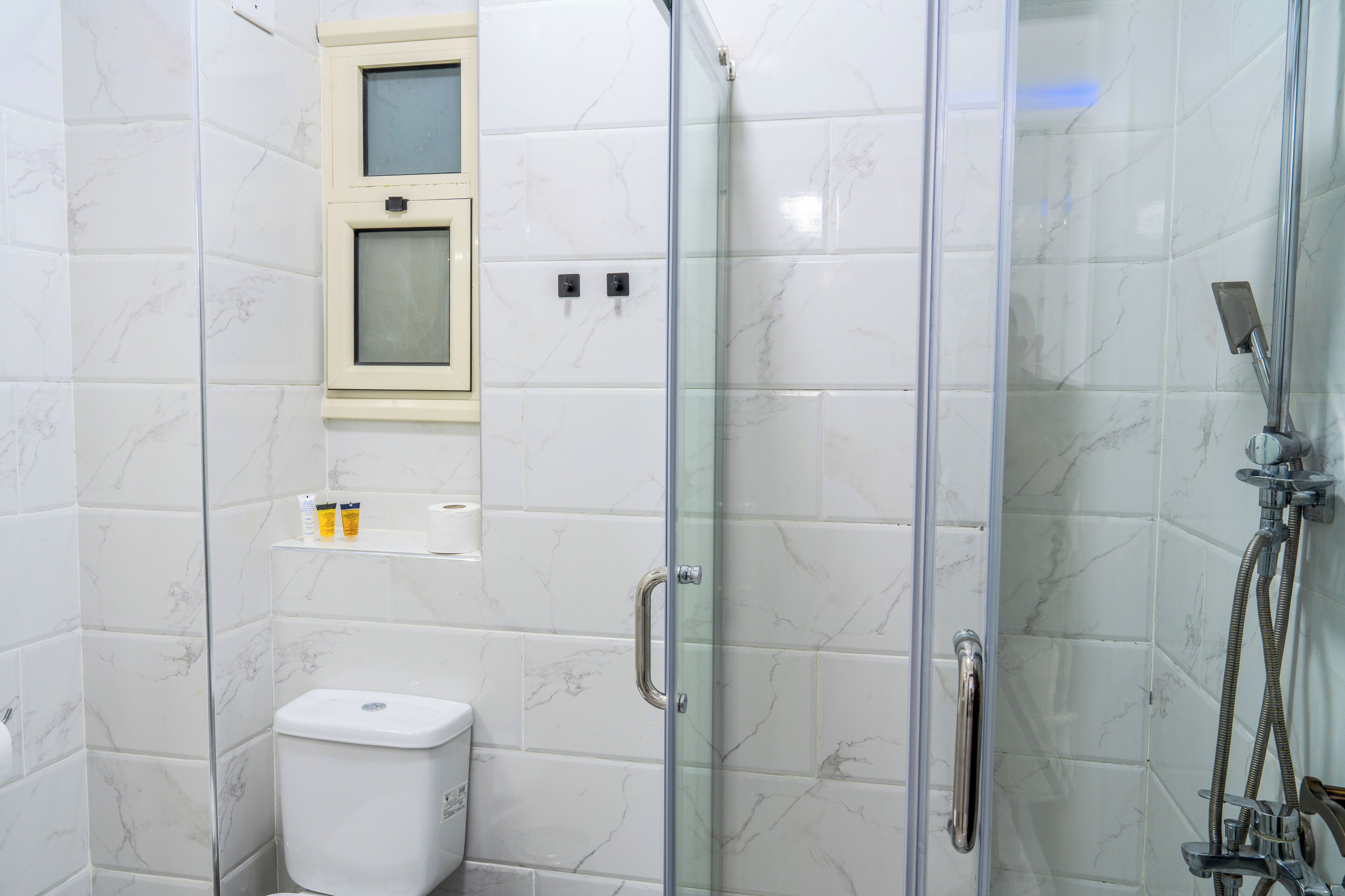 A bathroom with a glass-enclosed shower, a toilet, and a shelf with toiletries.