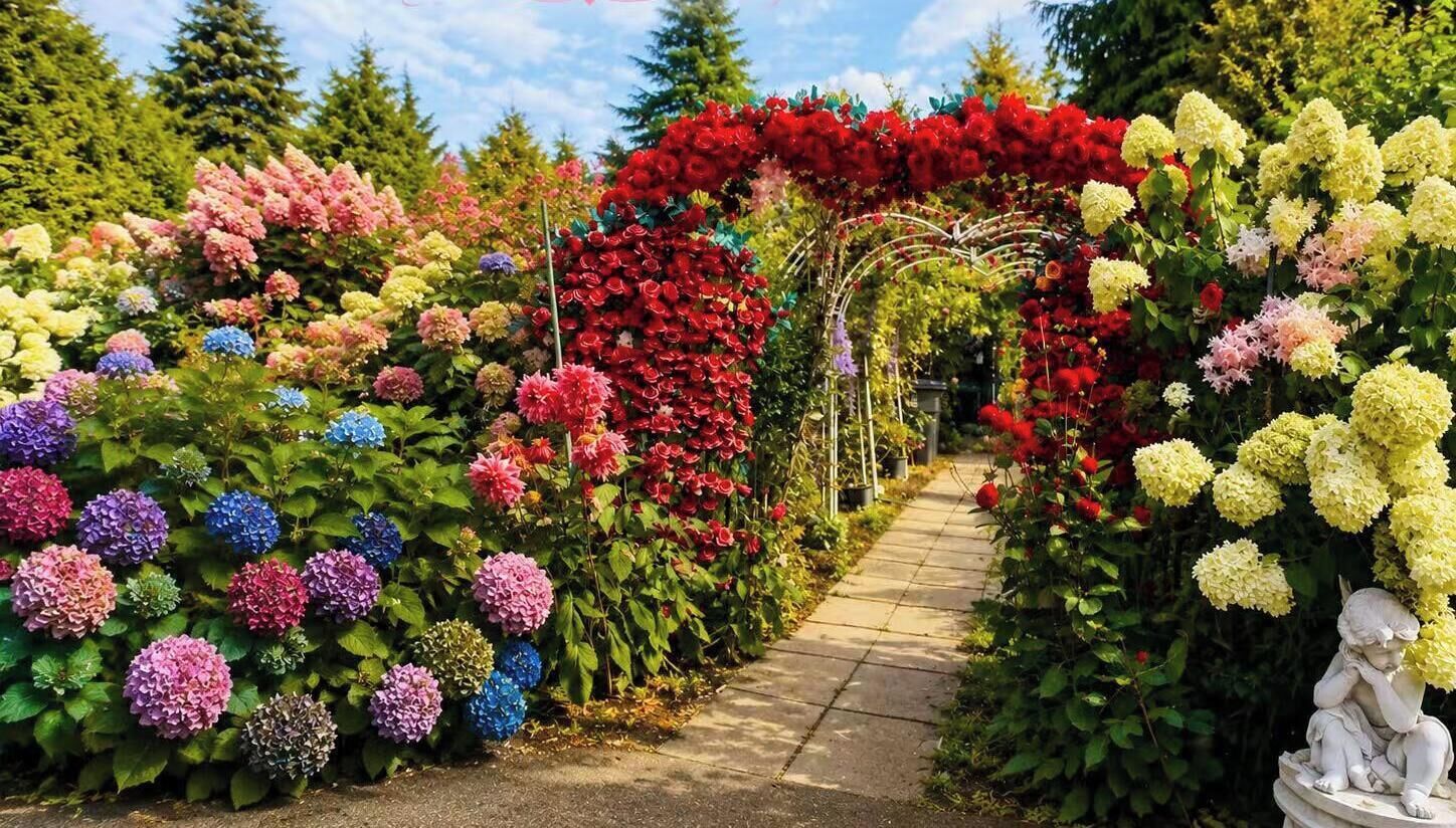 Un sentier de jardin bordé de diverses fleurs et orné d’une statue.