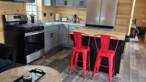 A modern kitchen with grey cabinets, a stainless steel refrigerator, and a wooden ceiling. - Wonderful 1-bedroom cabin with AC in charming Potsdam on a brook. (Potsdam)
