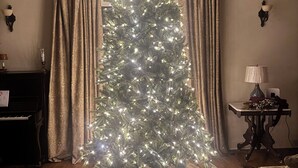 A living room with a large Christmas tree, a piano, a table with a lamp, and a patterned rug. - Family Holiday Rental (Baton Rouge)
