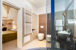 Hair dryer, bidet, towels, soap