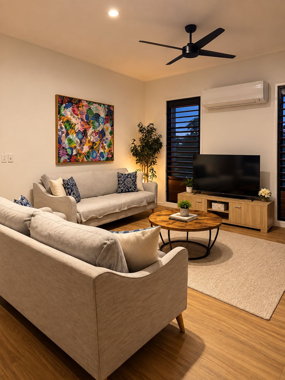 Een moderne woonkamer met een bank, salontafel en een flatscreen televisie.